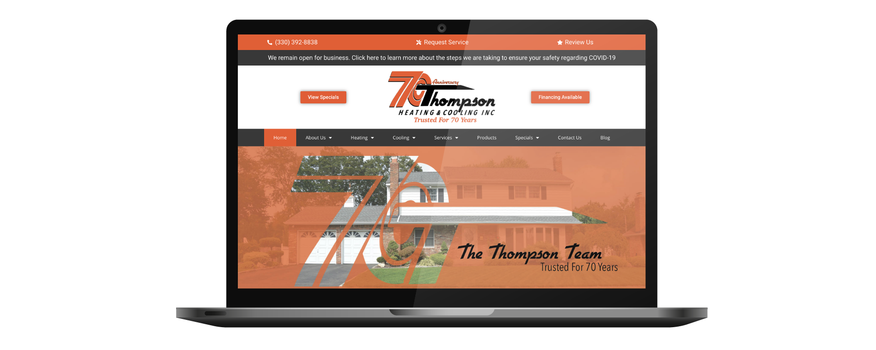 Thompson Heating and Cooling Website on Laptop