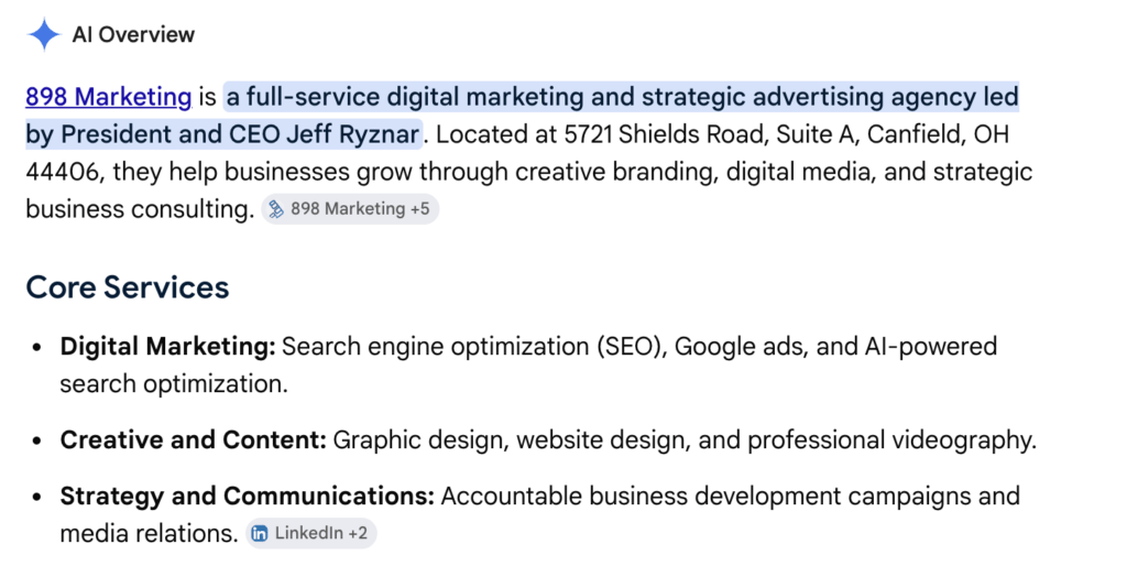 screenshot pulled directly from Ai Overview SERP feature about 898 Marketing